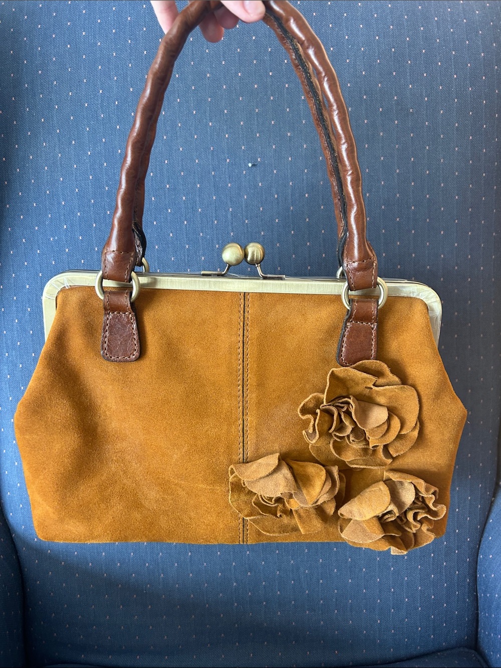 Patricia Nash Mustard Suede Floral Frame-Top Satchel with Brown Handles